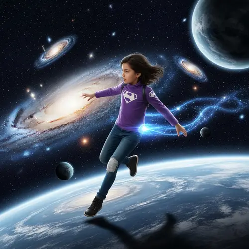 Courageous Girl Travelling Through Cosmos with Superpower