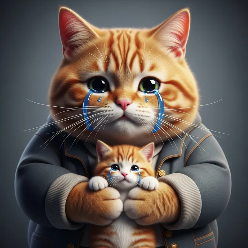 Realistic Depiction of Crying Red-Haired Cat and Kitten in Lifelike Attire