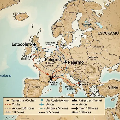 Europe Map with Spanish Labels and Transport Routes to Stockholm, Palermo, and Vienna
