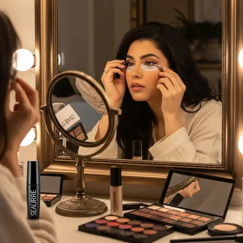 Middle-Eastern Woman Applying False Eyelashes | Makeup Vanity Scene