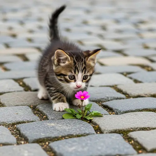Adorable Kitten Exploring Cobblestone with Vibrant Flower