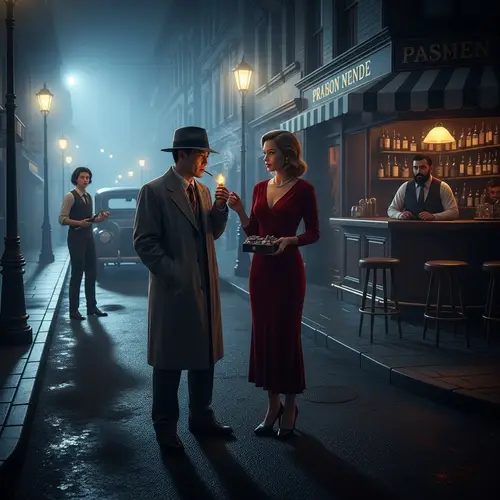 Mysterious Film Noir Scene with Asian Detective and Red Velvet Dress Woman