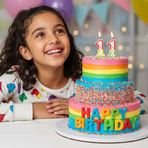 Happy Birthday Adifaah | Joyful 11-Year-Old Beside Colorful Cake