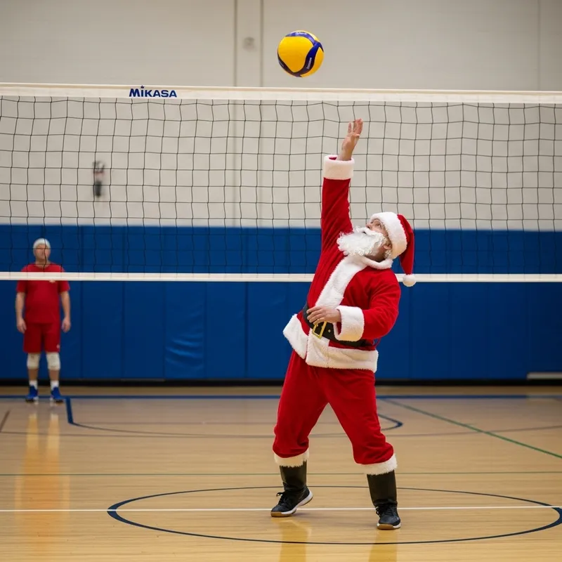 Santa Claus Spiking Yellow Mikasa Ball Over Volleyball Net in Indoor Gym
