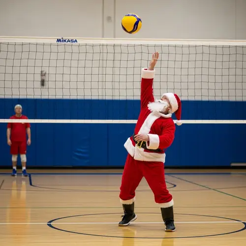 Santa Claus Playing Volleyball in Indoor Gymnasium