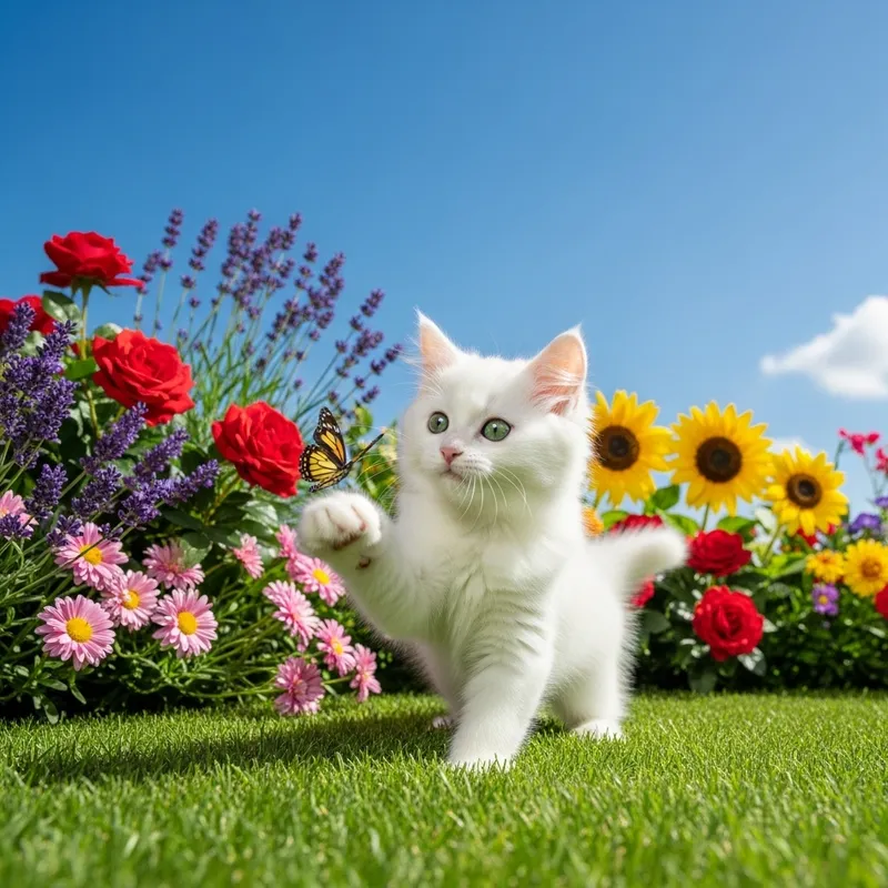 White Kitten Playing in Garden - Cute Feline Moments