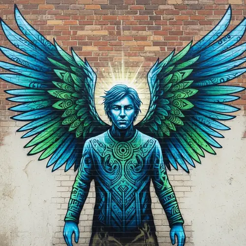 Mystical Street Graffiti: Angelic Figure in Blue and Green