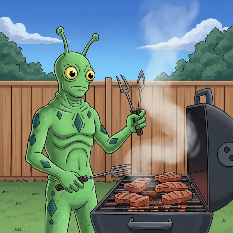 Alien BBQ Master | Fun Summer Evening Scene