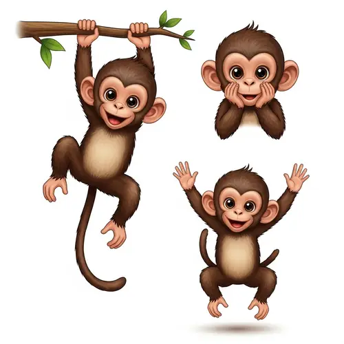 Cute Baby Monkey Illustration in Three Poses - Vector Art