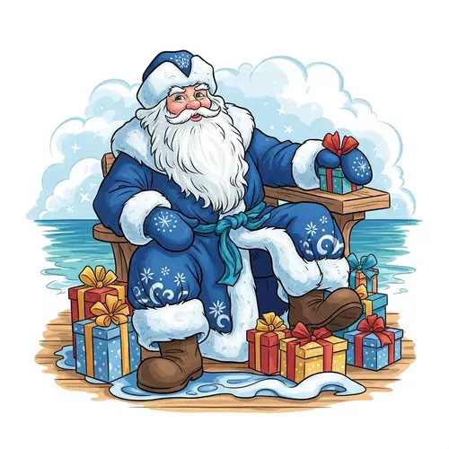 Grandfather Frost Vacation: Festive Image of Russian Folklore Figure by the Sea
