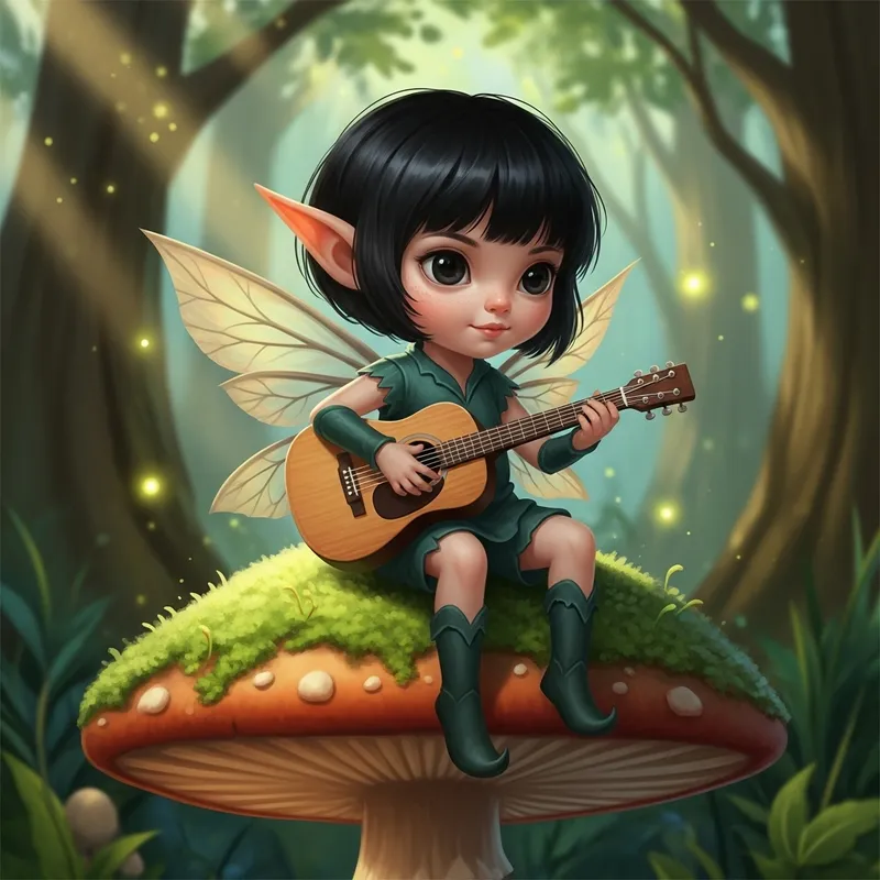 Charming Little Elf with Black Hair, Big Eyes, and a Guitar