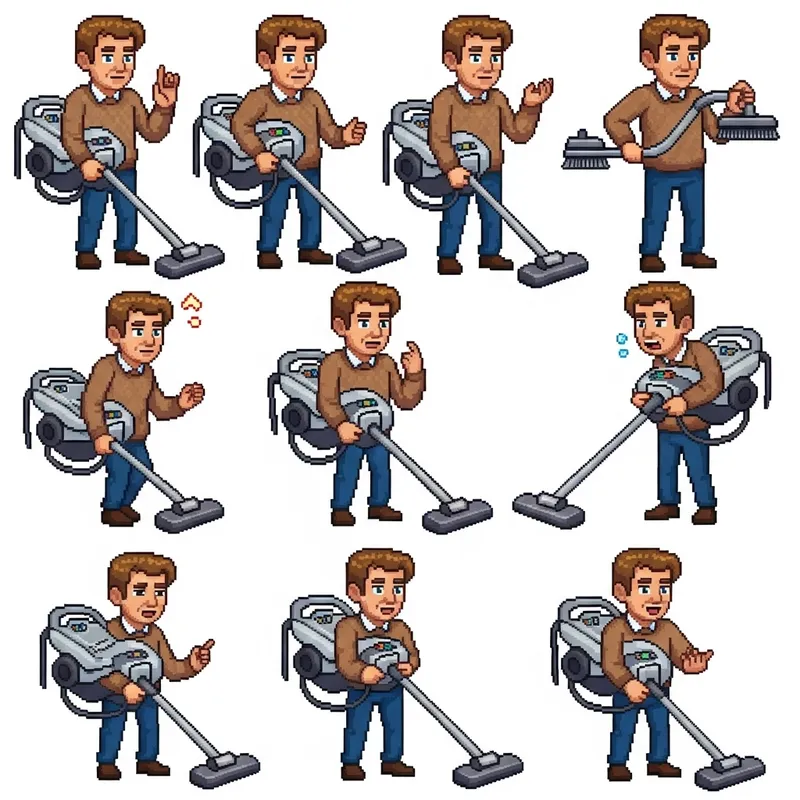 Pixel Art Character Sheet: Middle-Aged Man with Vacuum Cleaner Poses Pixel Art Character Sheet: Middle-Aged Man with Vacuum Cleaner Poses