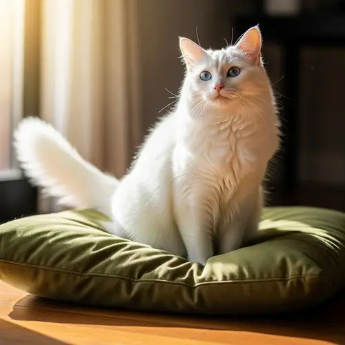 White Cat with Bright Blue Eyes on Comfy Green Cushion