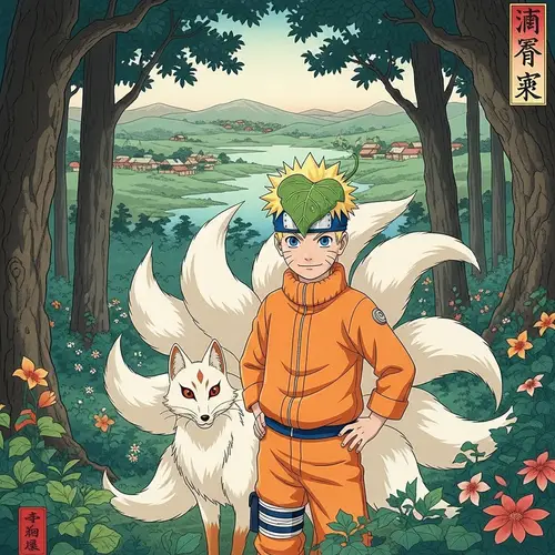 Ukiyo-E Inspired Scene: Boy with Fox Spirit in Serene Forest