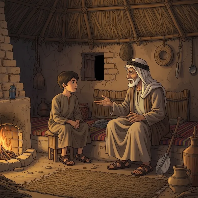 Young Boy Speaking with Elder in Ancient Hut