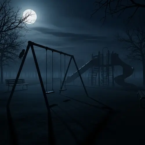 Spooky Night Playground: Moonlit Haunted Scene with Swings and Slide
