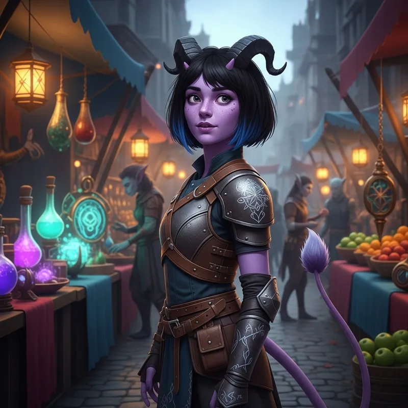 Captivating Lilac Tiefling Teen with Blue and Black Bobcut Captivating Lilac Tiefling Teen with Blue and Black Bobcut