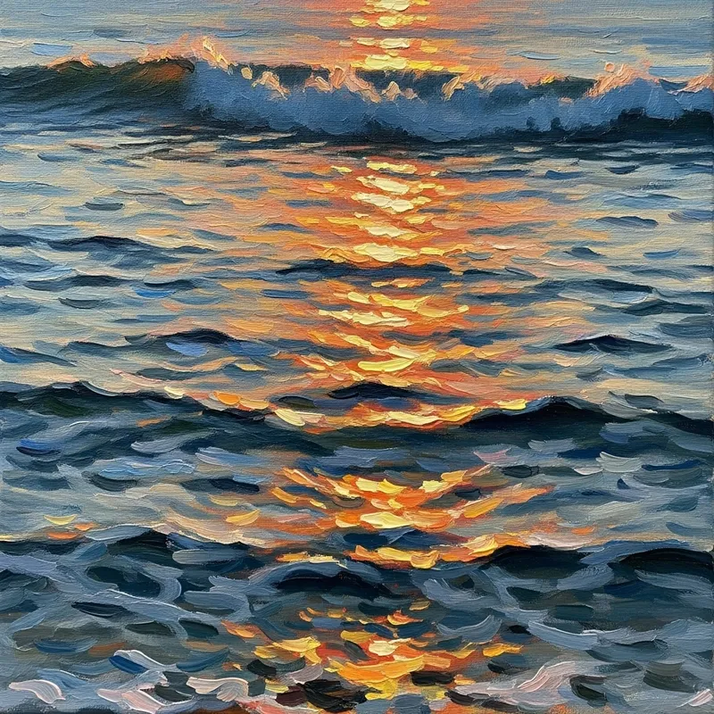 Golden Hour Ocean Waves Impressionist Painting