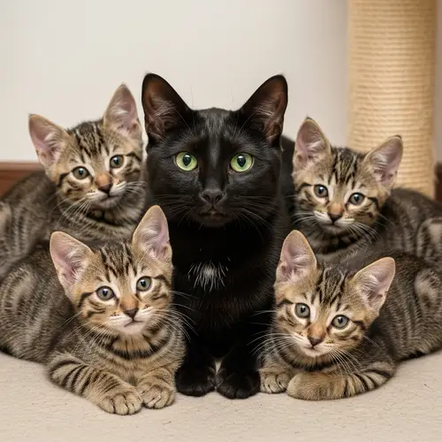 Feline Family: Black Cat & Four Playful Brown Kittens