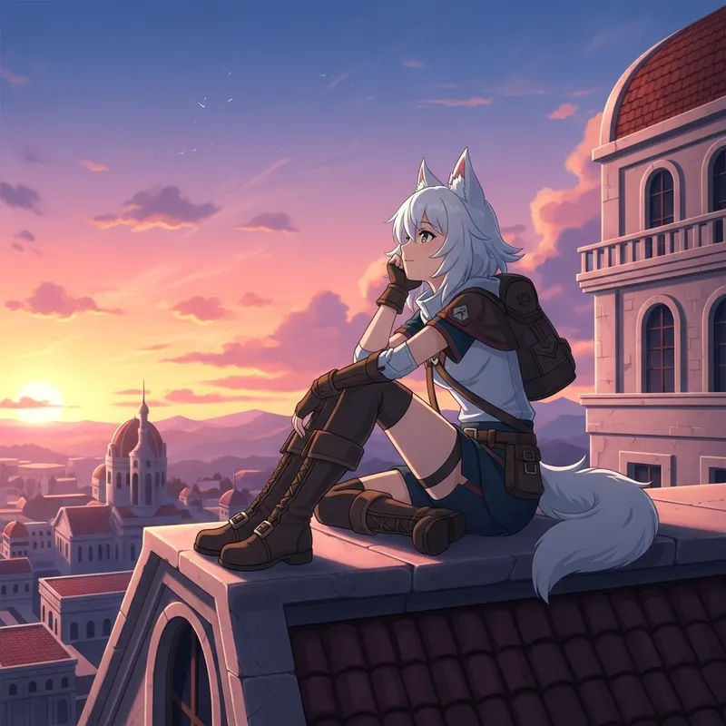 Anime Version of Girl with White Hair and Wolf Ears Watching Sunset