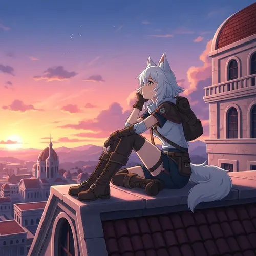 Serene Girl with White Hair and Wolf Ears Watching Sunset