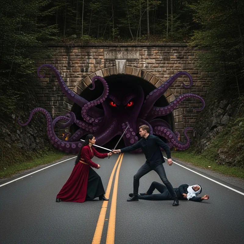 Epic Sword Fight Outside a Terrifying Tunnel with a Dark Twist