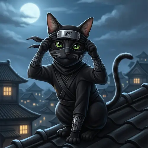 Stealthy Ninja Cat: A Curious Green-Eyed Furry Fighter