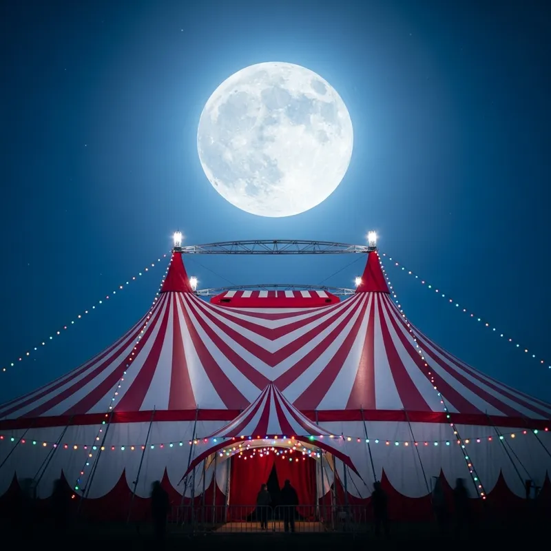 Colorful Circus Tent under Moonlit Sky