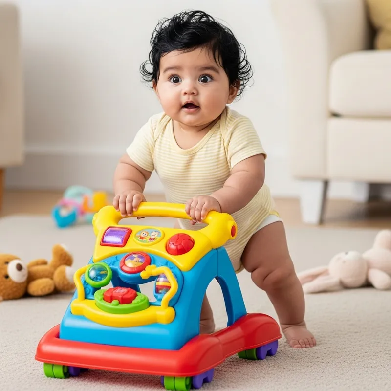 Adorable Chubby South Asian Baby Walking with Colorful Toy Walker Adorable Chubby South Asian Baby Walking with Colorful Toy Walker