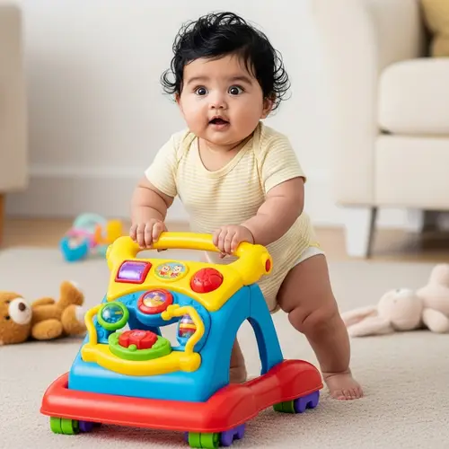 Adorable South Asian Baby Taking First Steps with Toy Walker