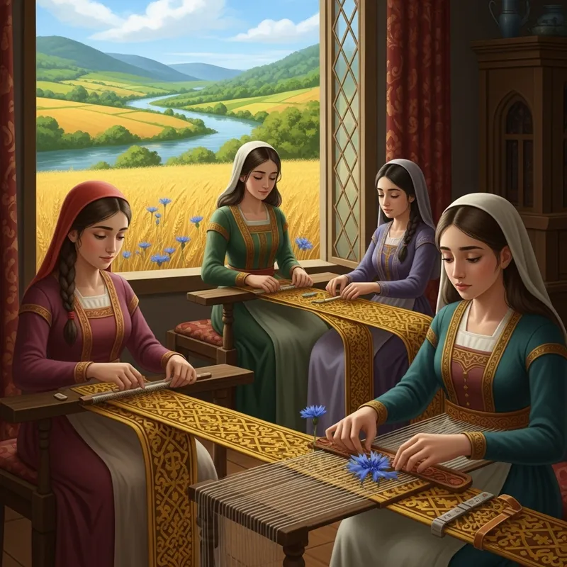 Enchanting Weaving Scene: Longing Hearts in a Manor Adorned with Persian Patterns