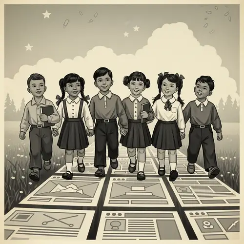 Vintage Digital Painting of Diverse Children on Path of Knowledge