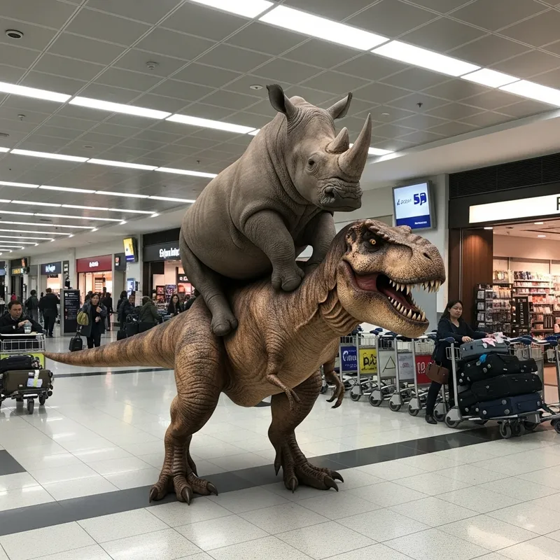 Rhino on T-Rex: A Surreal Airport Scene Rhino on T-Rex: A Surreal Airport Scene