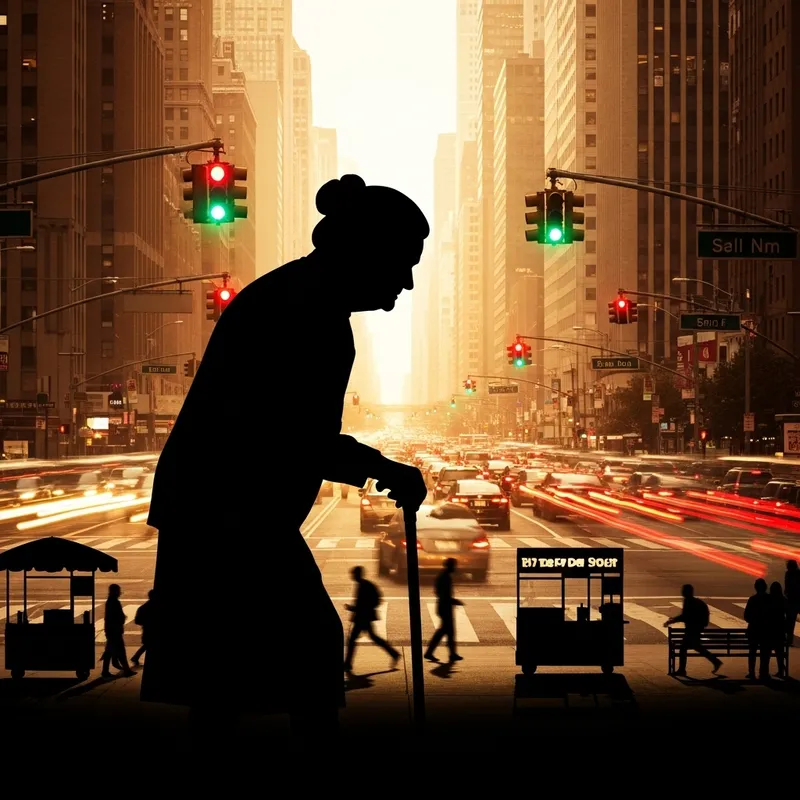 Grandma's Silhouette in the Cityscape