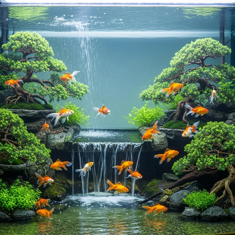 Stunning Goldfish Tank with Japanese Bonsai and Waterfall Stunning Goldfish Tank with Japanese Bonsai and Waterfall