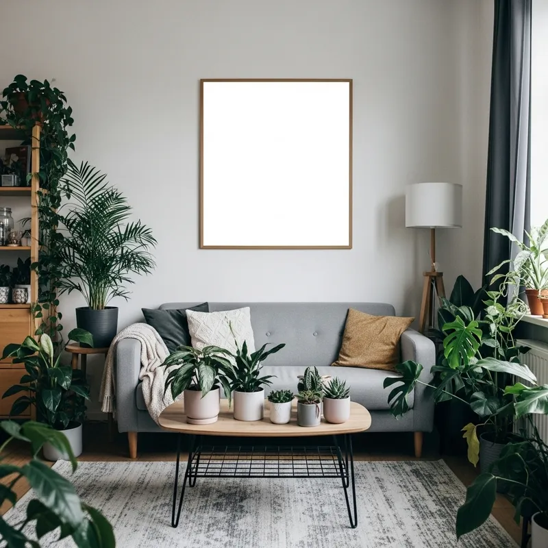 Cozy Living Room Decorated with Lush Houseplants