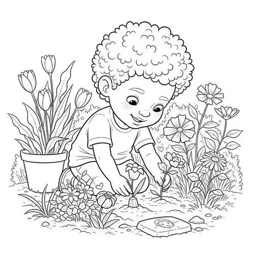 Joyous Child Planting Flowers in Memory | Garden Illustration