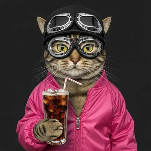 Fashionable Cat in Pink Jacket with Goggles and Black Cap