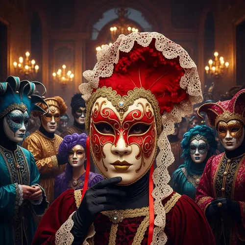 Captivating Venetian Masquerade with Red Mask