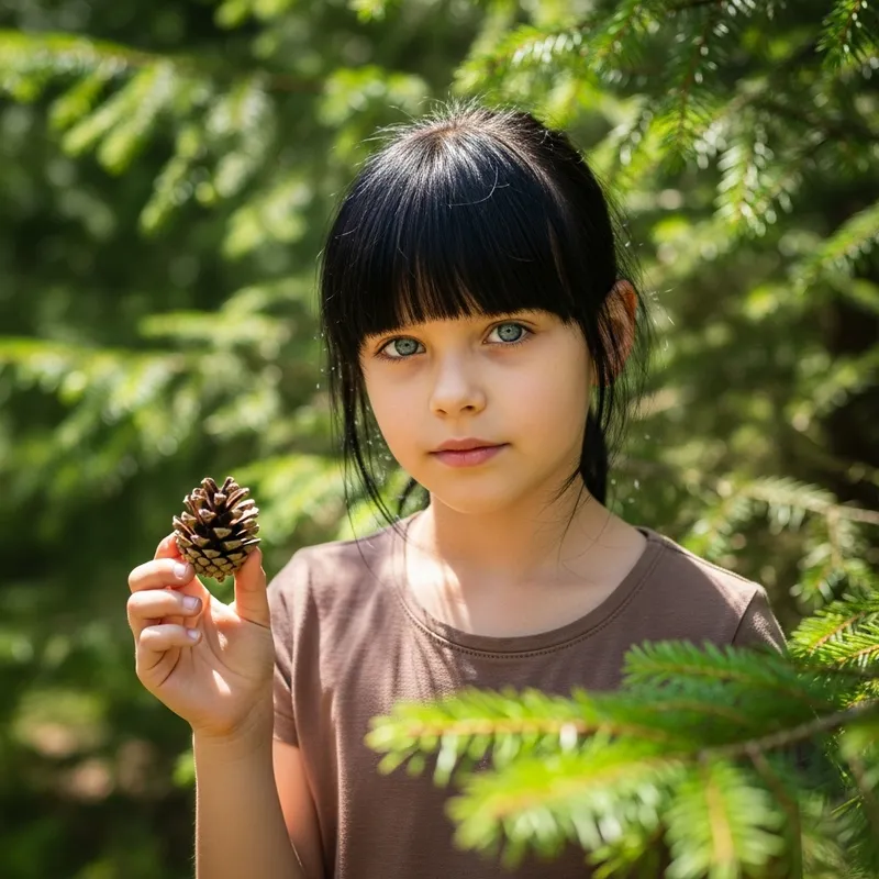 Girl in Brown T-shirt with Blue Eyes Holding Pine Cone Among Pine Branches