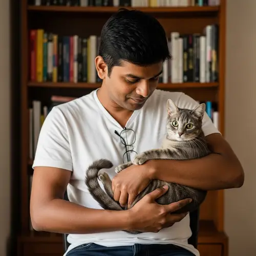 South Asian Man Holding Grey Cat - Casual Attire