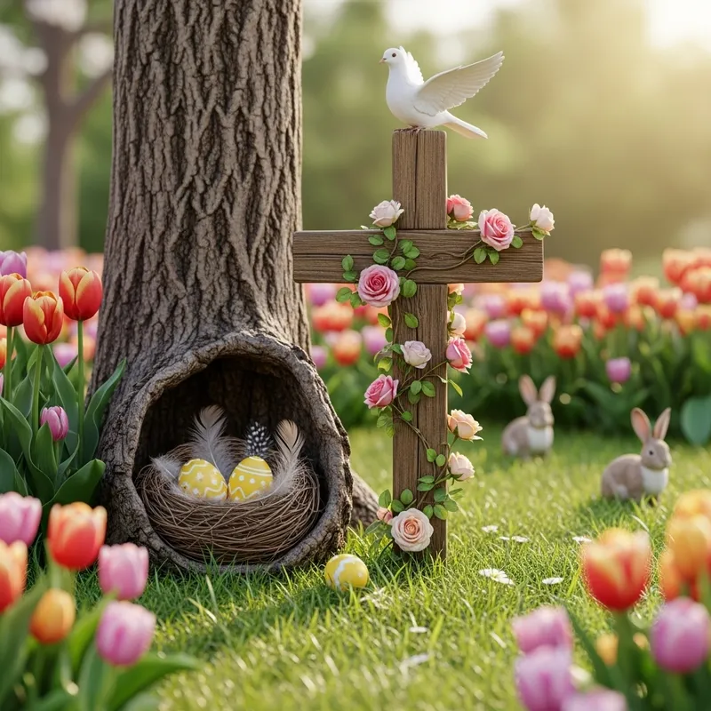 Easter Garden Scene - Beautiful View with Tulips, Easter Eggs, and Cross Easter Garden Scene - Beautiful View with Tulips, Easter Eggs, and Cross