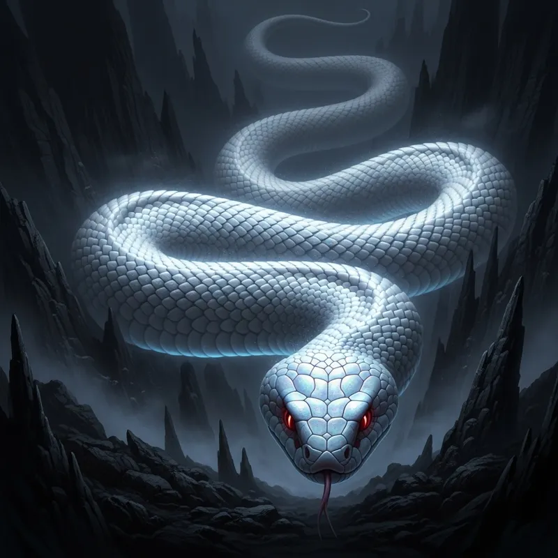 Horrifying Long White Snake on Dark Mountains