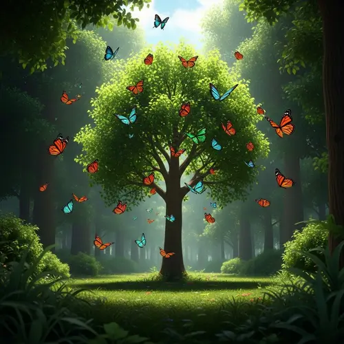 Magical Animated Tree with Butterflies in Forest