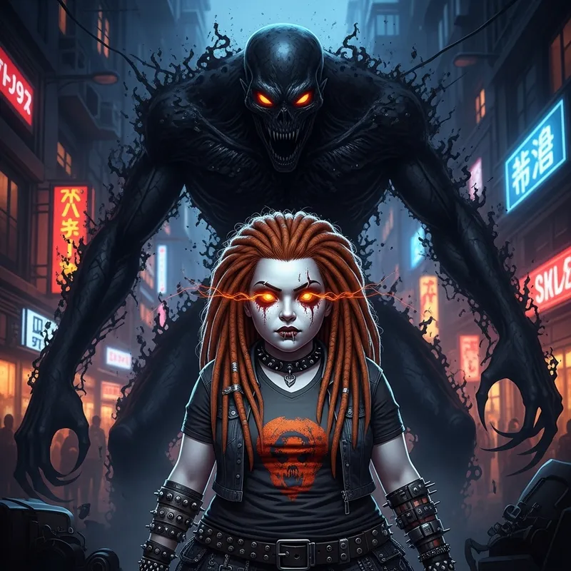 Ginger Vampiress in Punk City Night: Hyperdetailed Horror Scene