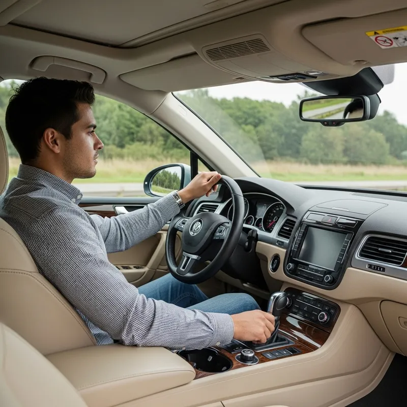Brown-Eyed Guy Driving Volkswagen Touareg - Stylish and Modern Brown-Eyed Guy Driving Volkswagen Touareg - Stylish and Modern
