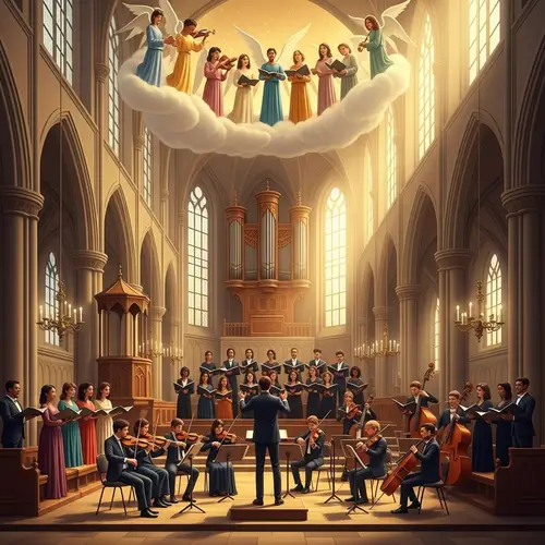 Majestic Gothic Church with Diverse Choir Singers and Angelic Orchestra