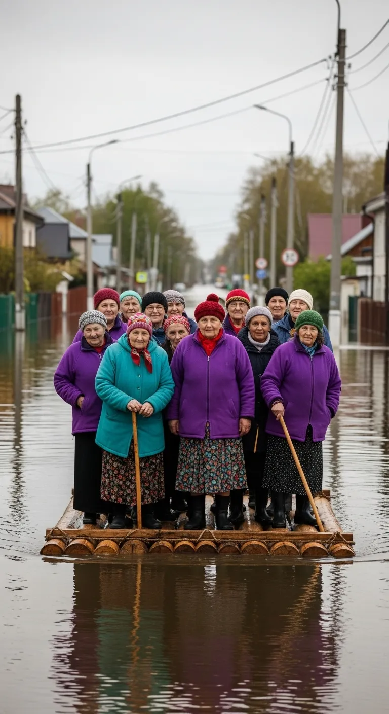 Elderly Women on a Raft During City Flooding