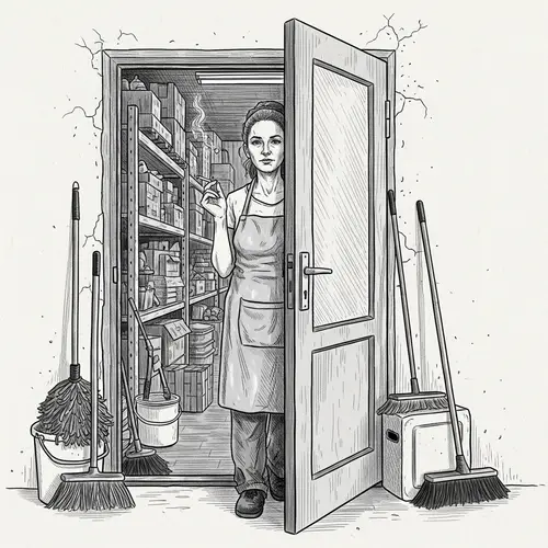 European Cleaning Lady Sketch in Fine Lines | Cleaning Company Warehouse Scene