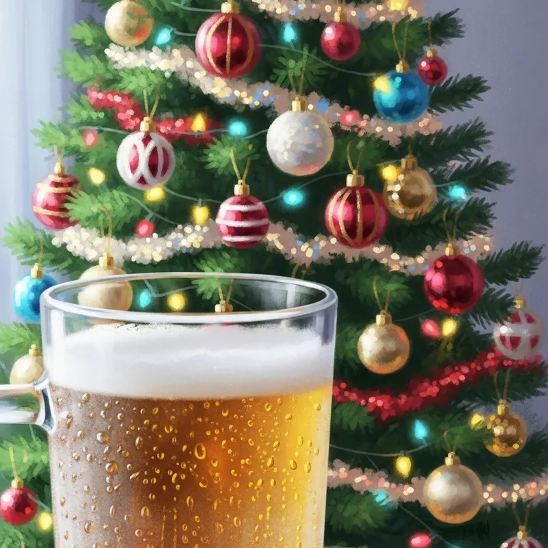 Frosty Beer Glass & Christmas Tree - Vibrant Holiday Scene Frosty Beer Glass & Christmas Tree - Vibrant Holiday Scene